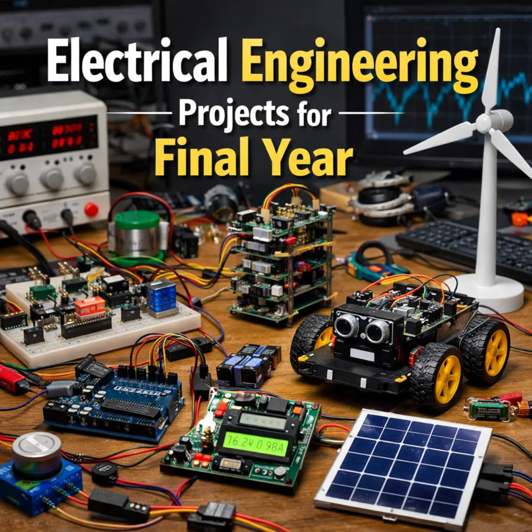 Workbench showcasing electrical engineering final year projects, including Arduino boards, a robotic car, circuit modules, a solar panel, and a wind turbine model with lab testing equipment in the background.