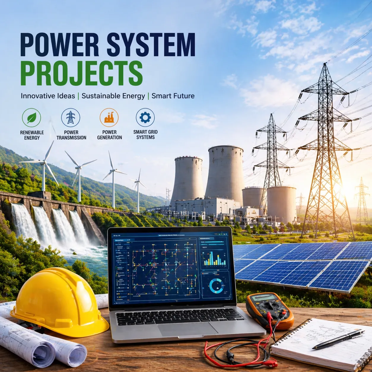 Power system projects with renewable energy sources, transmission lines, and smart grid analysis on laptop
