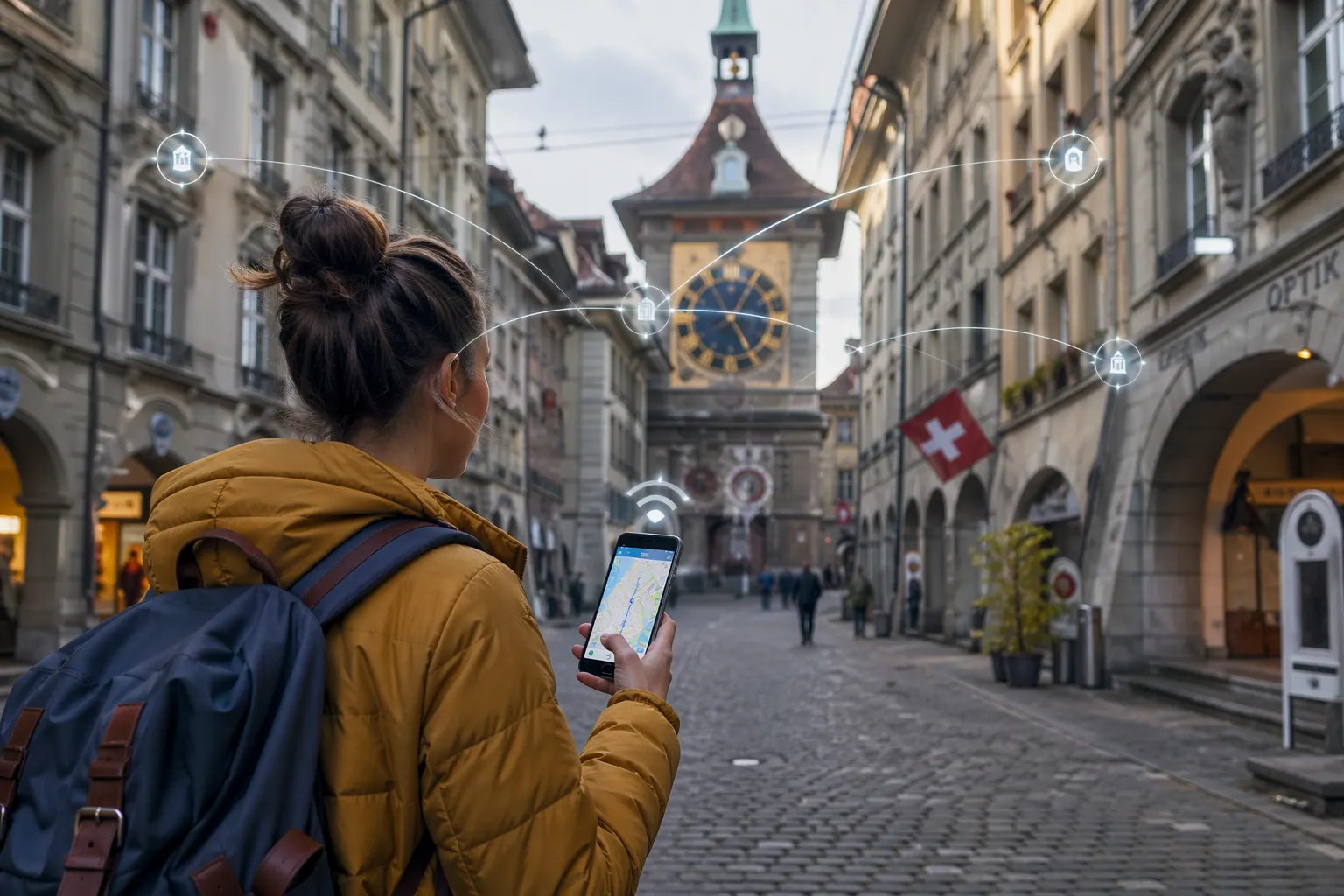 Traveler using smartphone navigation abroad with seamless internet connectivity