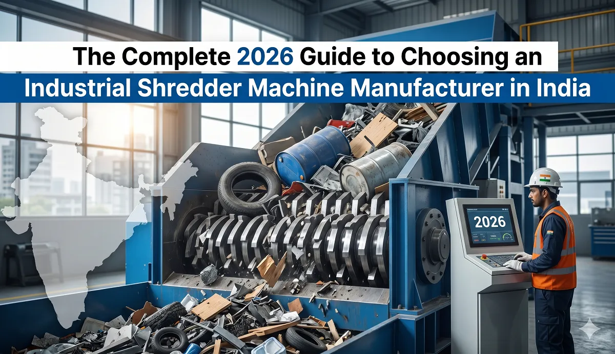 2026 guide for choosing an industrial shredder machine manufacturer in India, showing a heavy-duty double shaft shredder.