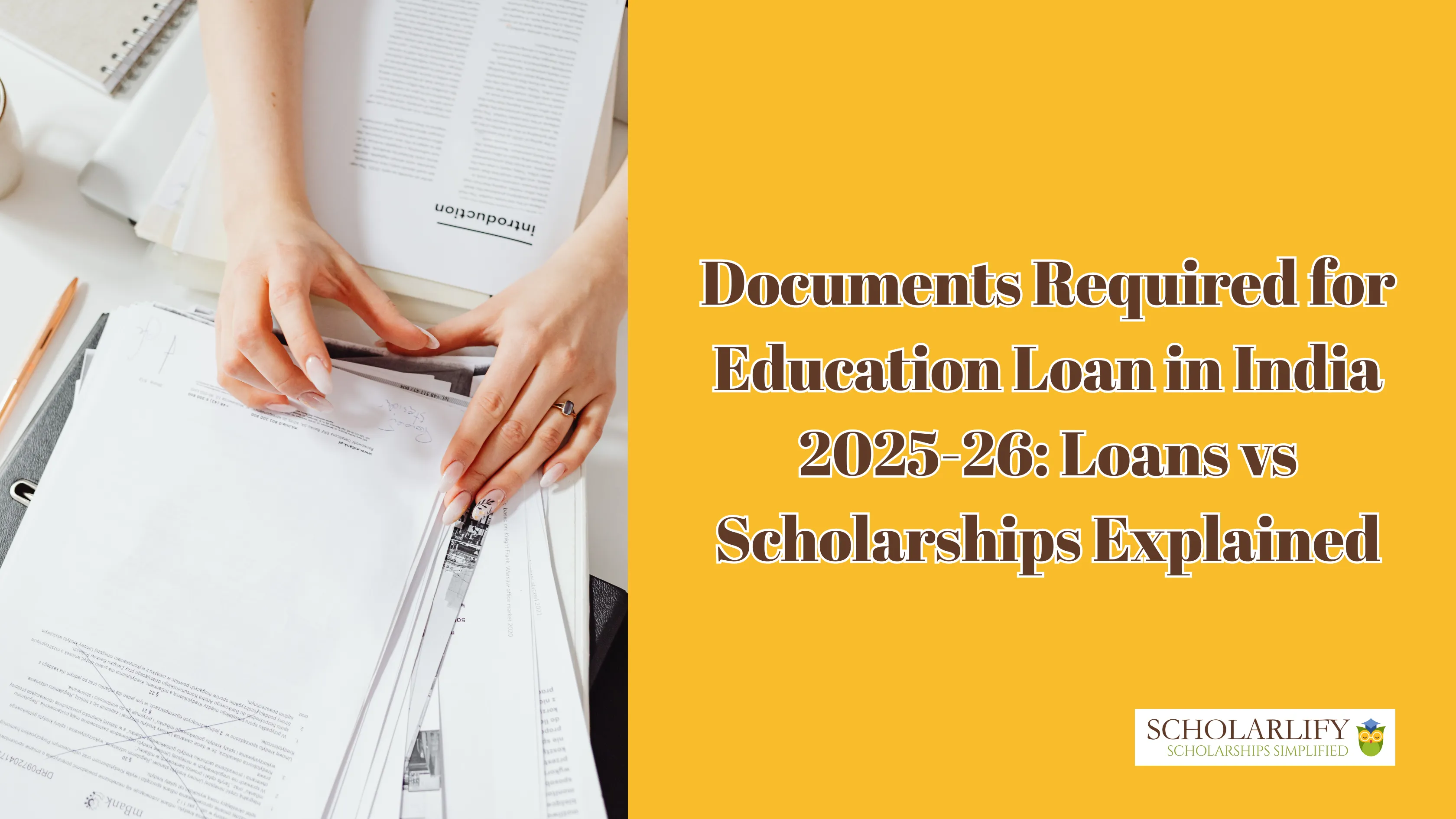 Hands organizing paperwork on a desk with documents and stationery, alongside a bold yellow panel displaying the text “Documents Required for Education Loan in India 2025–26: Loans vs Scholarships Explained.”