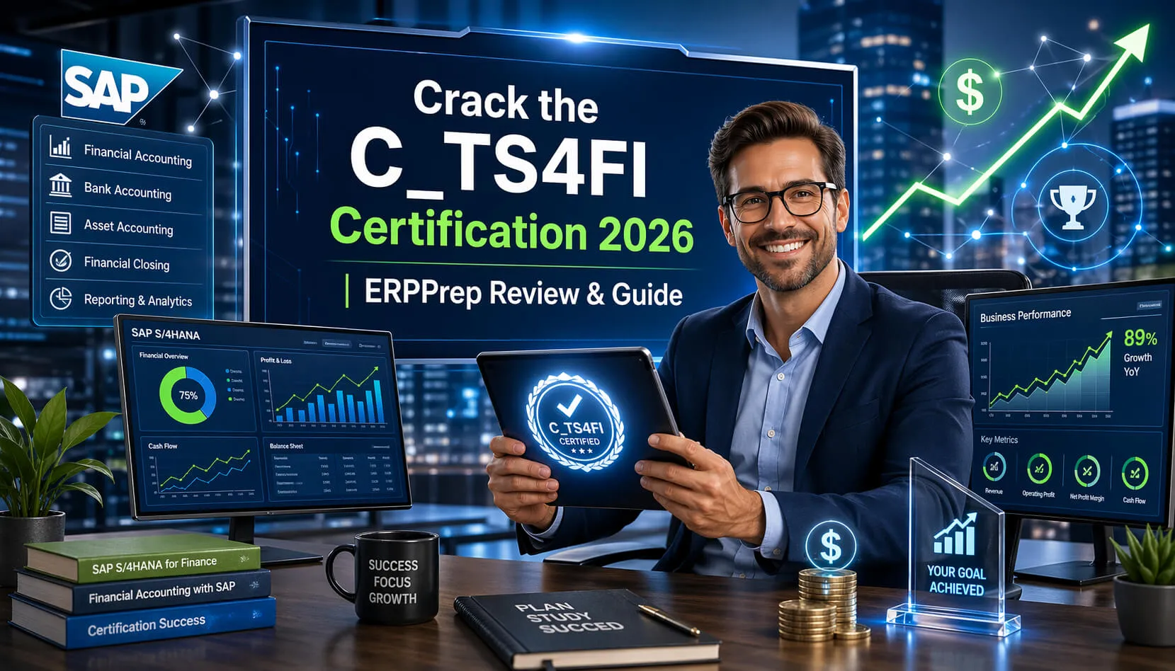 Professional preparing for SAP C_TS4FI Certification 2026 with ERPPrep review guide and financial data dashboards.