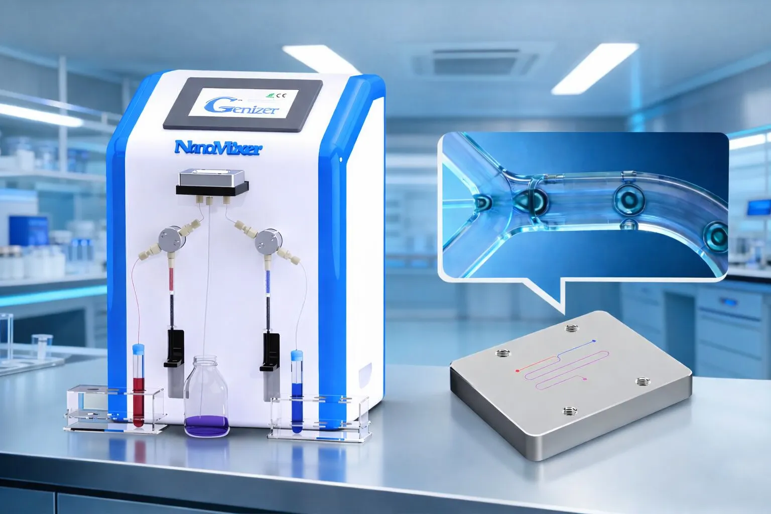 Laboratory Microfluidics Nanomixer Mixer for mRNA/DNA lipid/polycation nanoparticle preparation (max. pressure 200 psi)