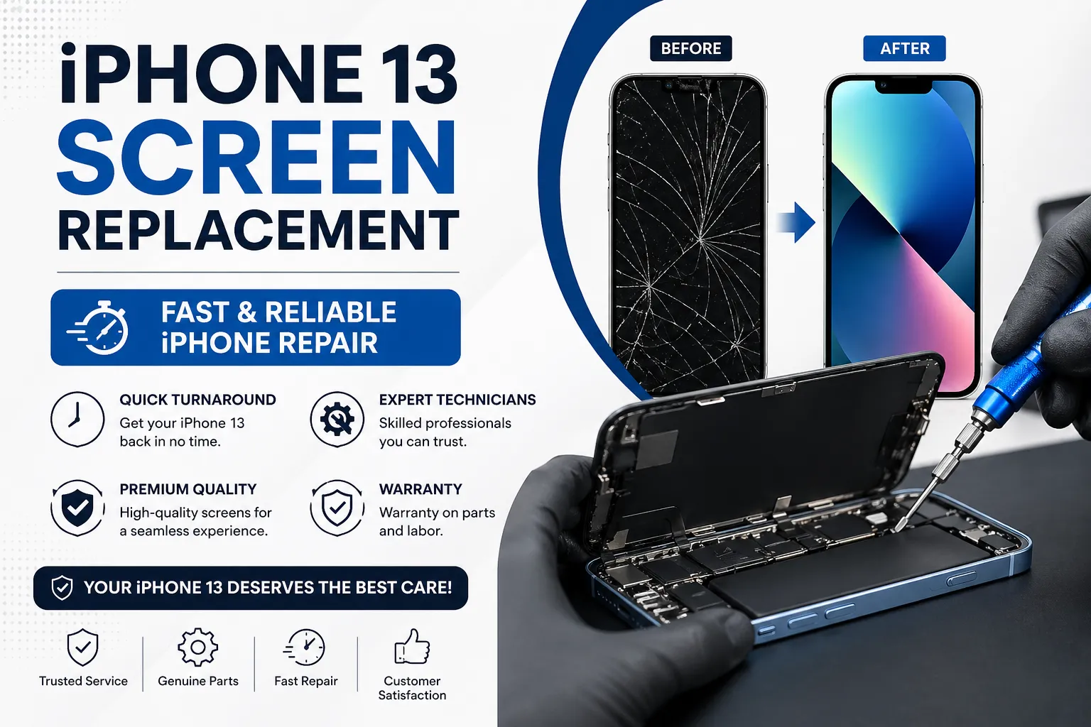 iPhone 13 screen replacement showing before and after cracked screen repair by professional iPhone technicians
