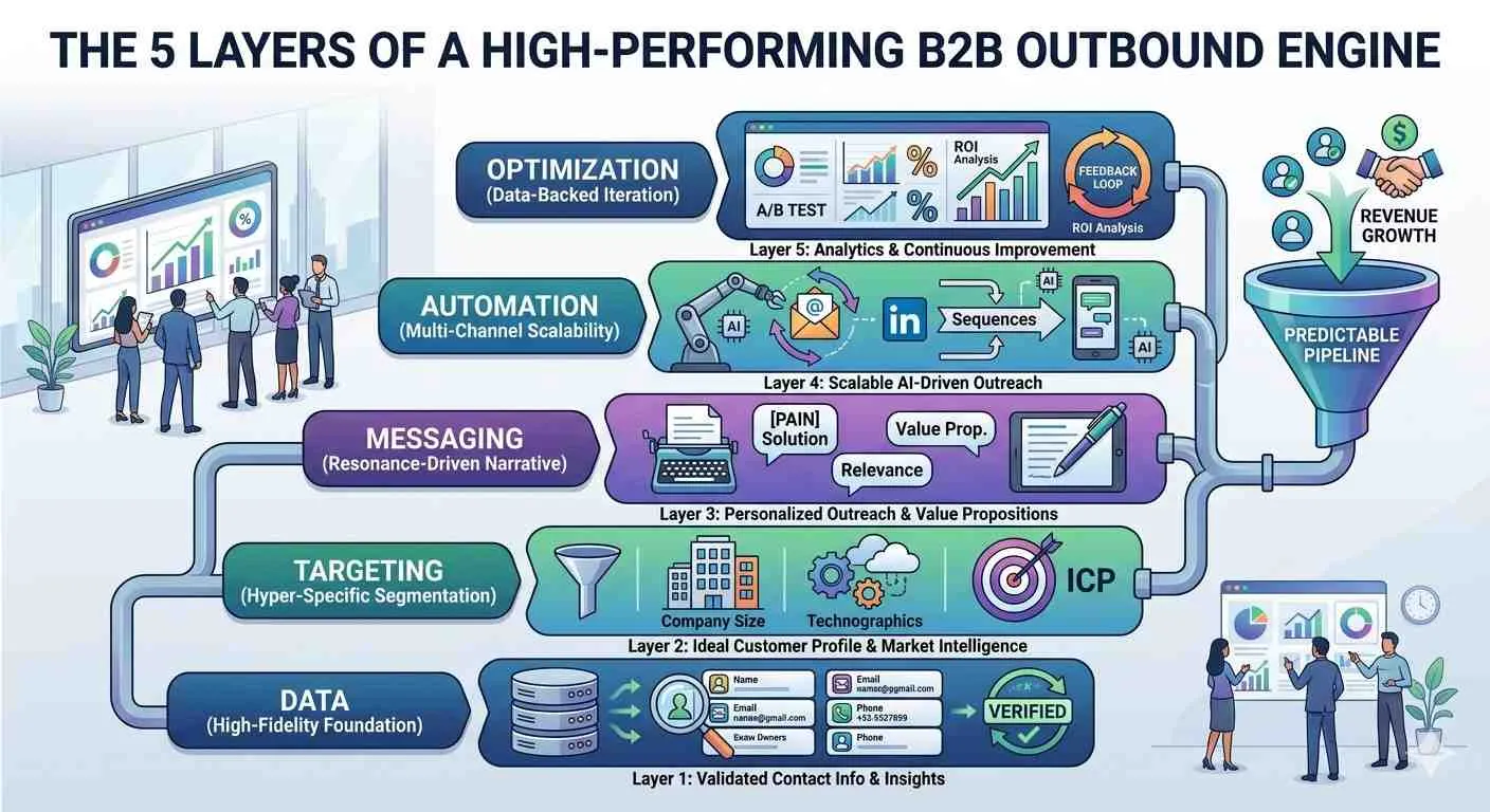The 5 Layers of a High-Performing Outbound Engine (Data, Targeting, Messaging, Automation, Optimization)-TGA Outreach