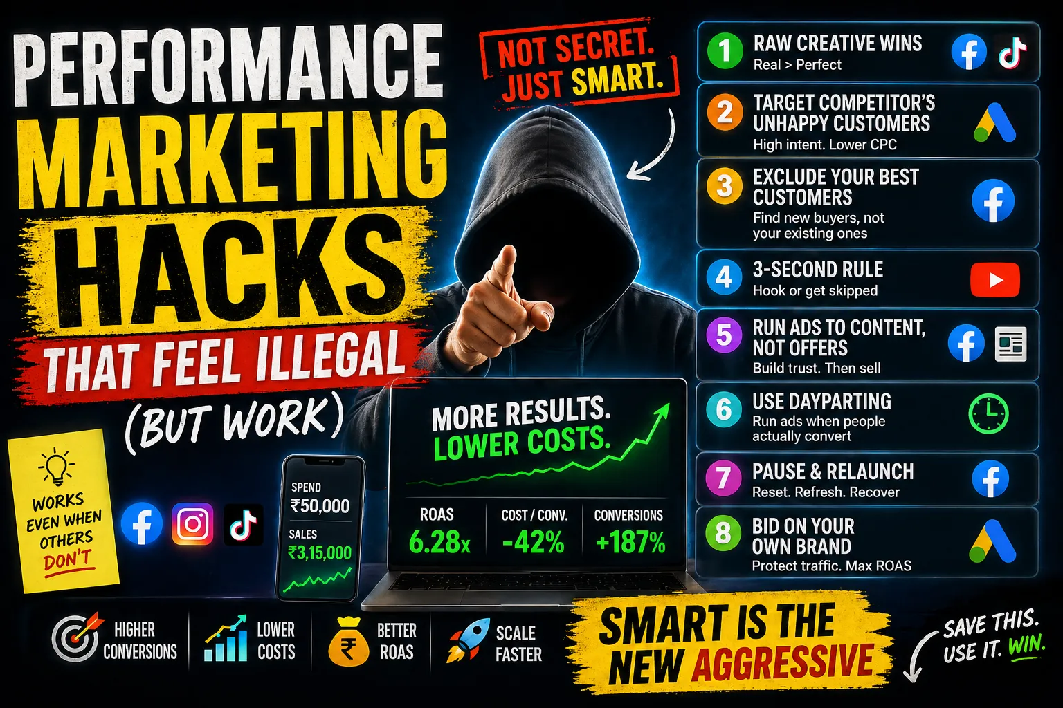 Performance marketing hacks thumbnail showing a hooded figure with bold text and strategies to increase ROAS, lower ad costs, and improve conversions.