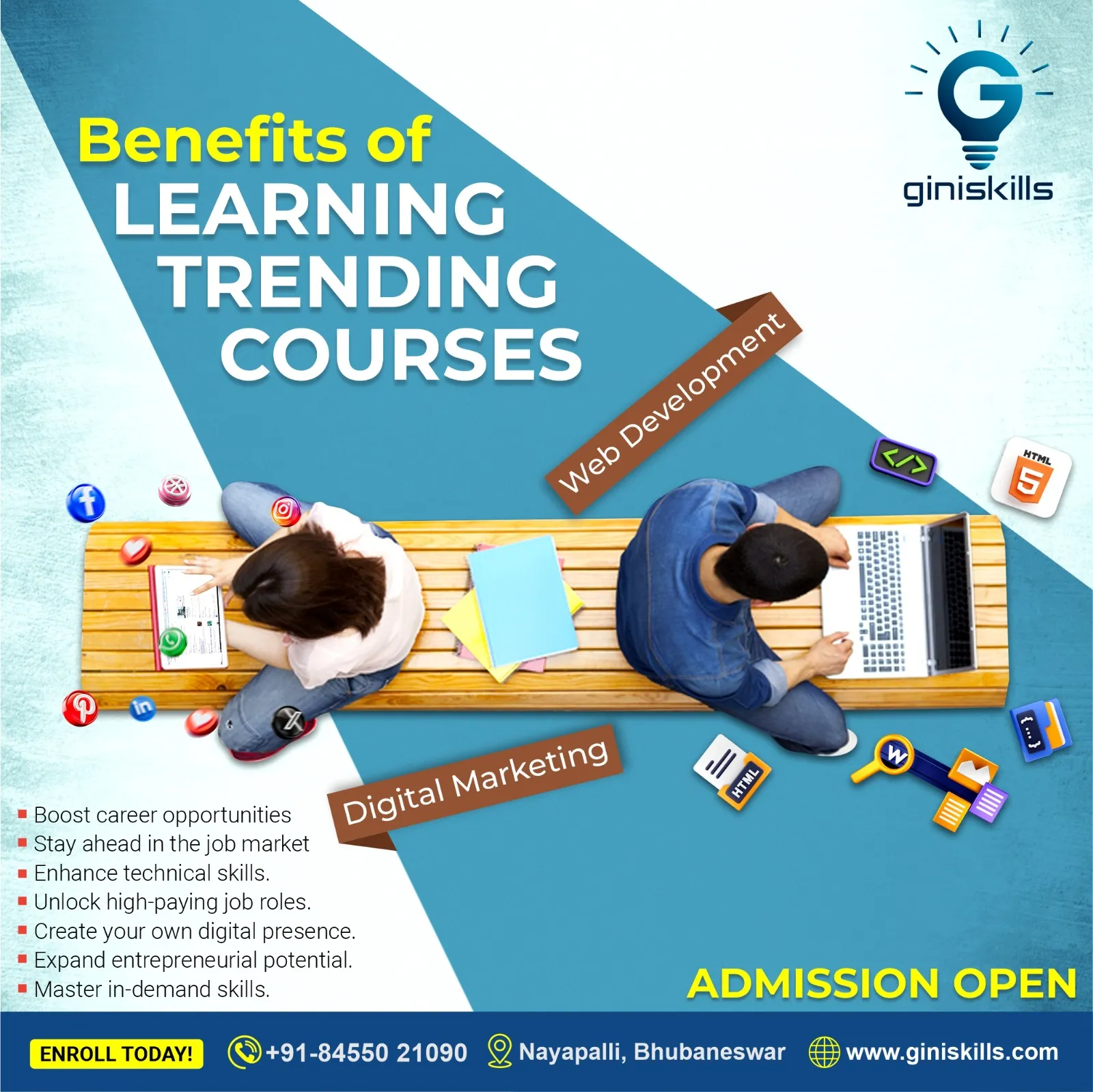 Poster highlighting the benefits of learning trending courses, featuring web development and digital marketing, with students using laptops and tablets, and key points like boosting career opportunities, enhancing skills, and unlocking high-paying jobs, along with Giniskills branding and admission open details in Bhubaneswar.