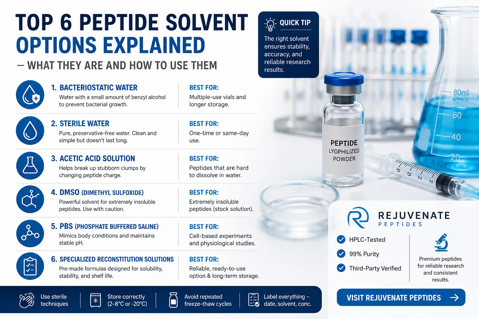 Top 6 Peptide Solvent Options Explained — What They Are and How to Use Them