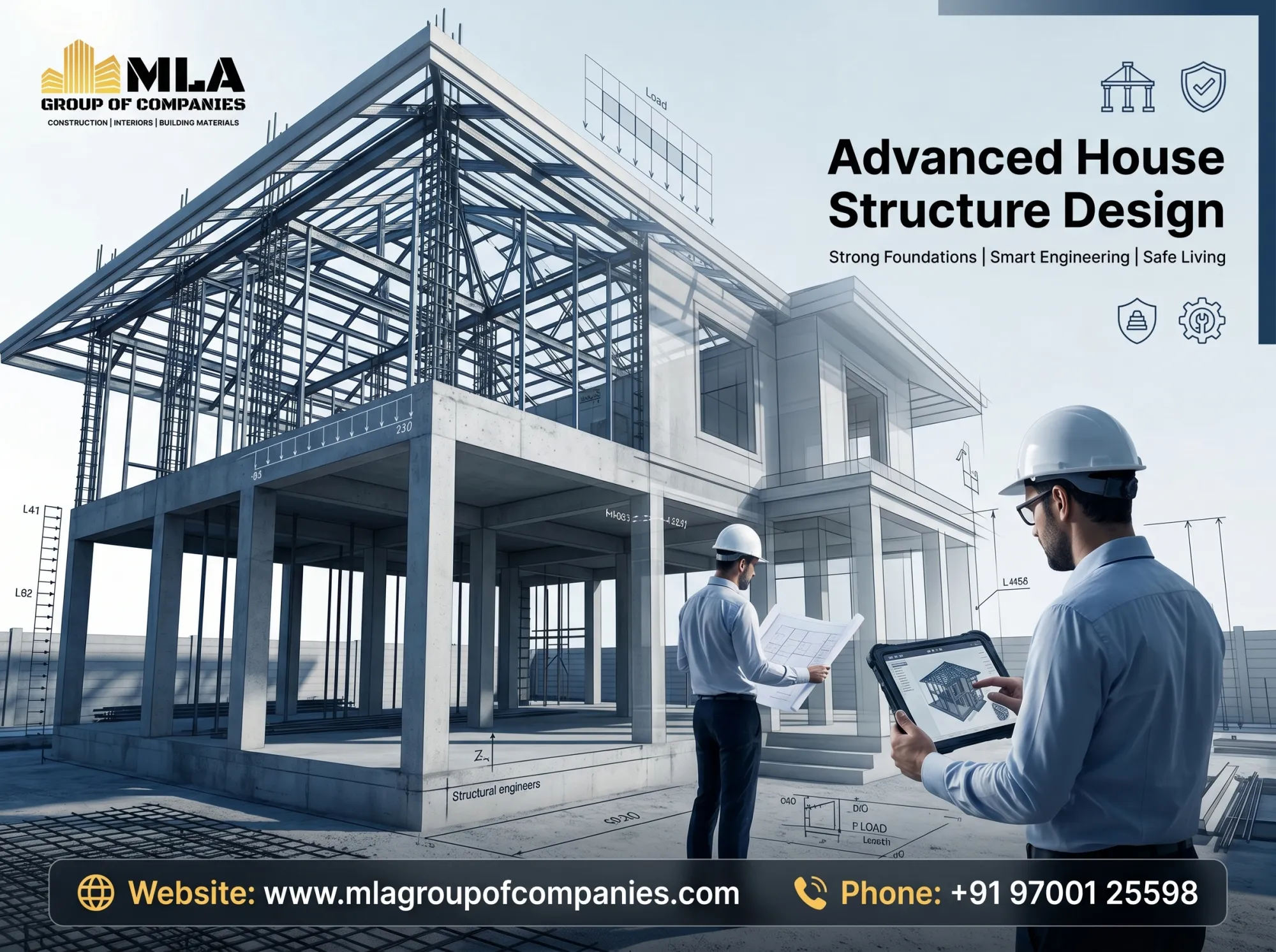 Modern house structure design showing foundation, columns, beams, and strong residential building framework.