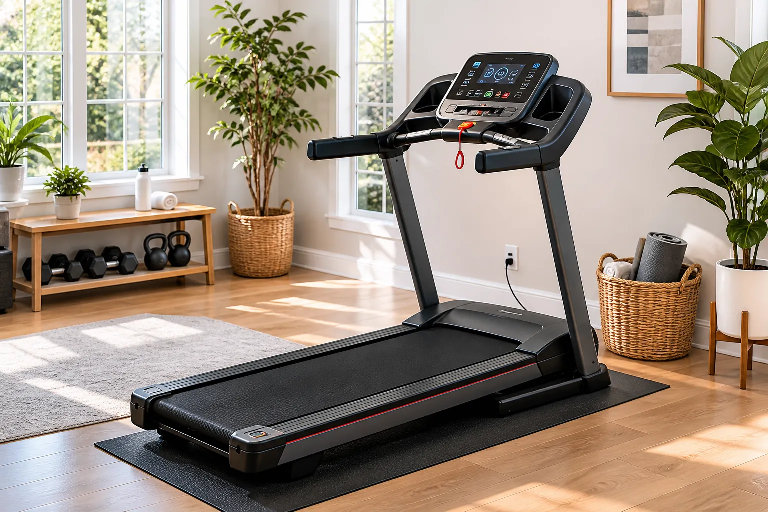 A professionally assembled treadmill sitting in a clean home gym setup.