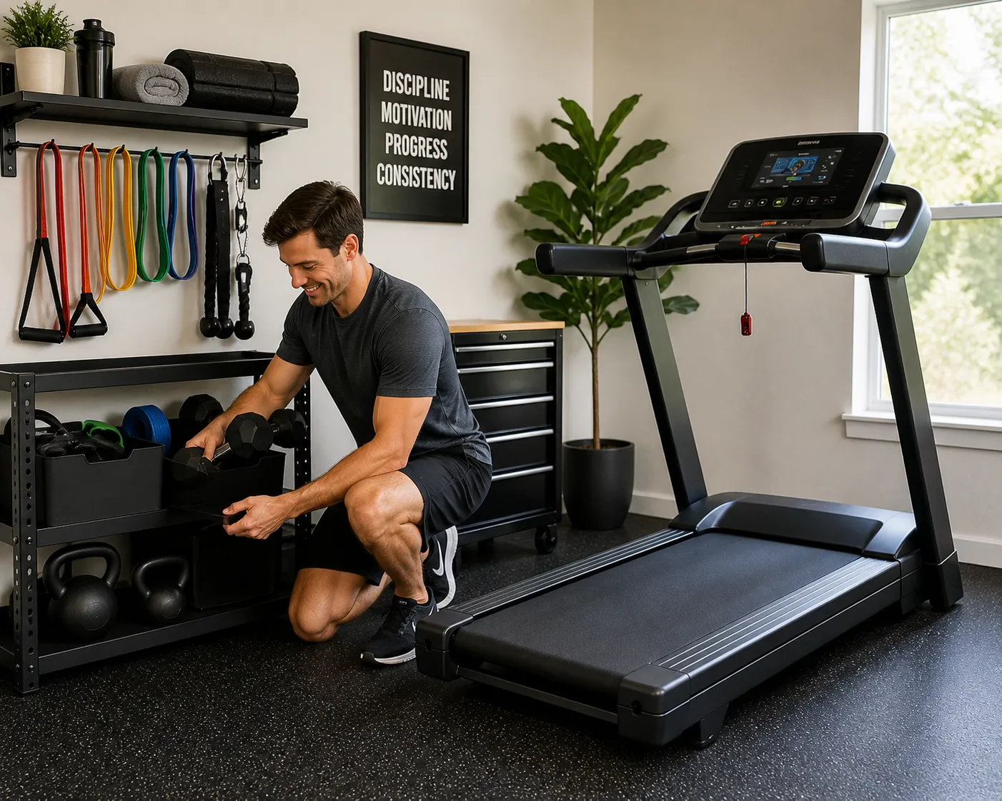 Organizing a home gym space in Columbia, MD after a professional equipment setup.