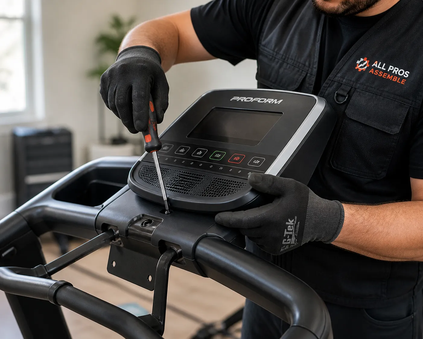 Expert technician providing treadmill assembly services with proper tools.