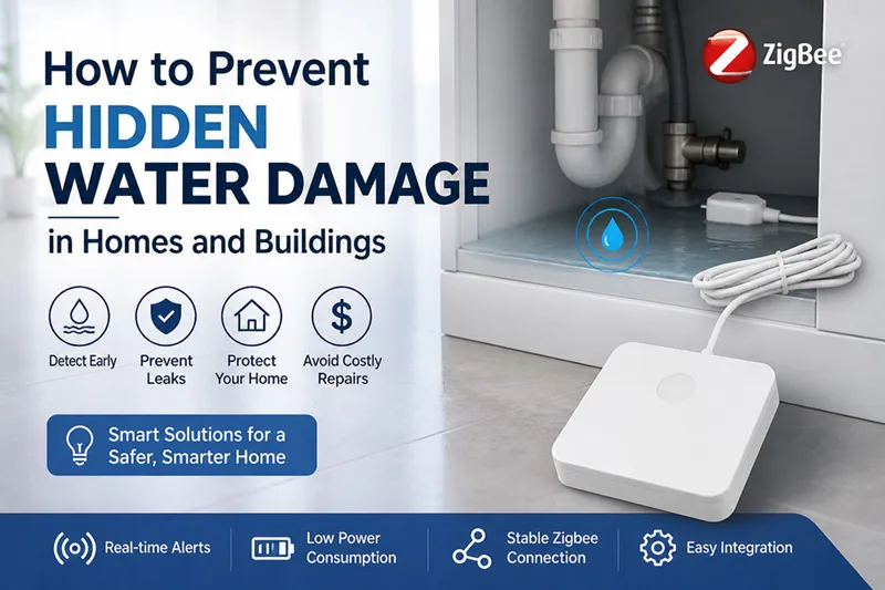 zigbee water leak sensor device used for detecting hidden water damage in home and building environments