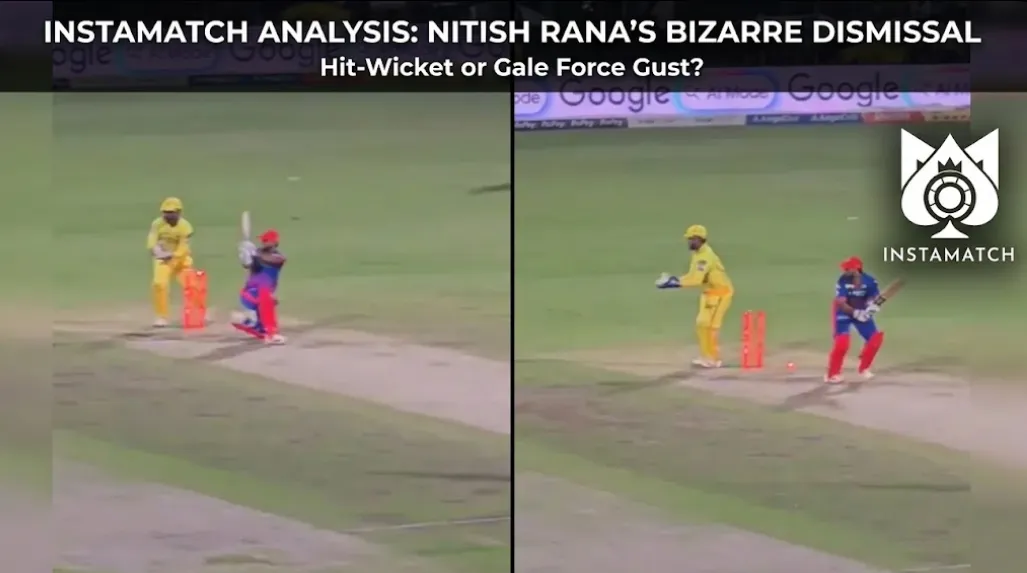 Split-screen graphic for Instamatch analysis of Nitish Rana's unusual dismissal, comparing bails on (left) vs dislodged bails (right) during sweep.