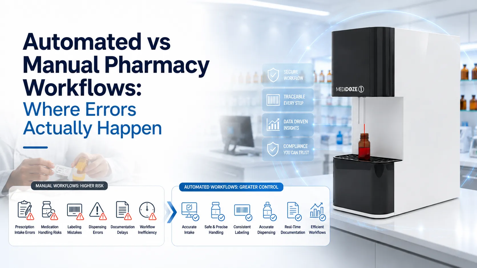 Medidoze automated methadone dispensing machine comparing manual pharmacy workflow errors and automation benefits.