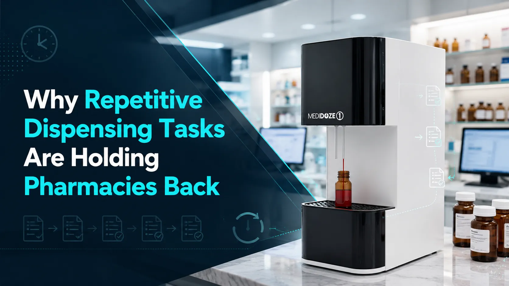 Medidoze automated dispensing machine in a modern pharmacy setting showing how repetitive dispensing tasks slow pharmacy workflow and how automation improves efficiency.