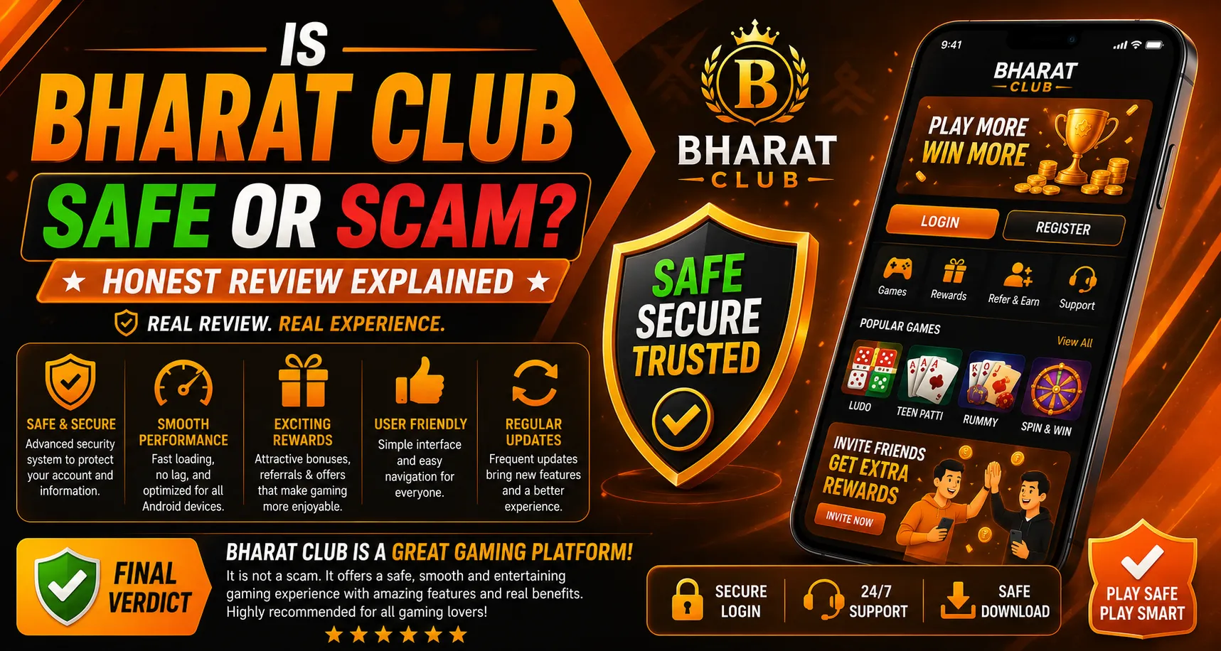 Bharat Club safe or scam review banner showing secure gaming features, smooth performance, rewards, and honest Bharat Club review for 2026 users.