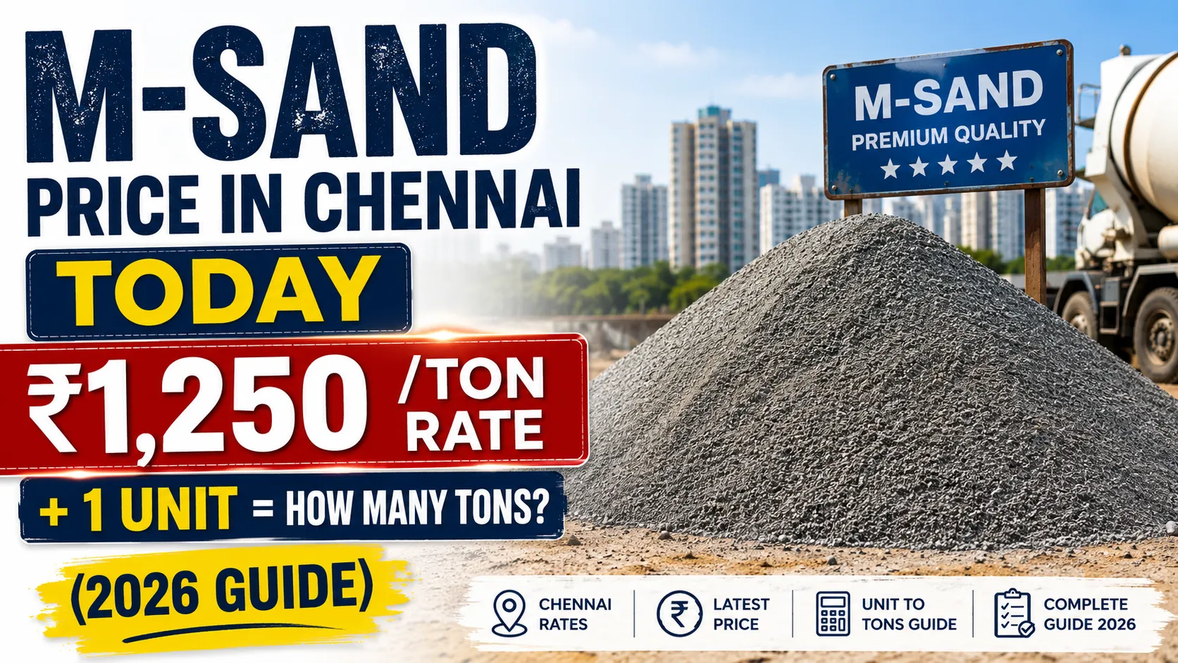 M-Sand Price in Chennai Today — ₹1,250/Ton Rate + 1 Unit = How Many Tons? (2026 Guide)