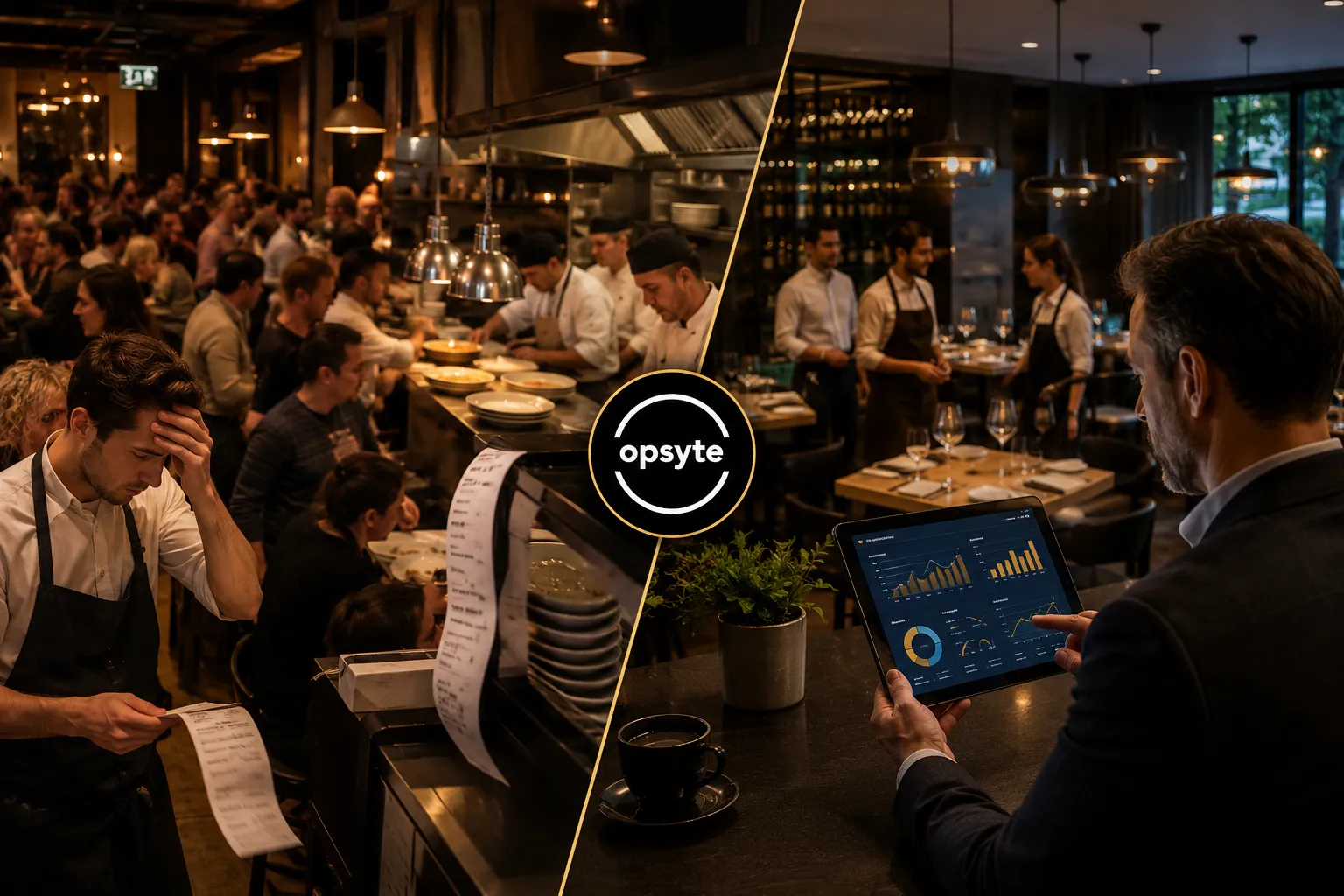 Busy vs profitable restaurant comparison showing crowded hospitality operations and smart restaurant analytics management with Opsyte software