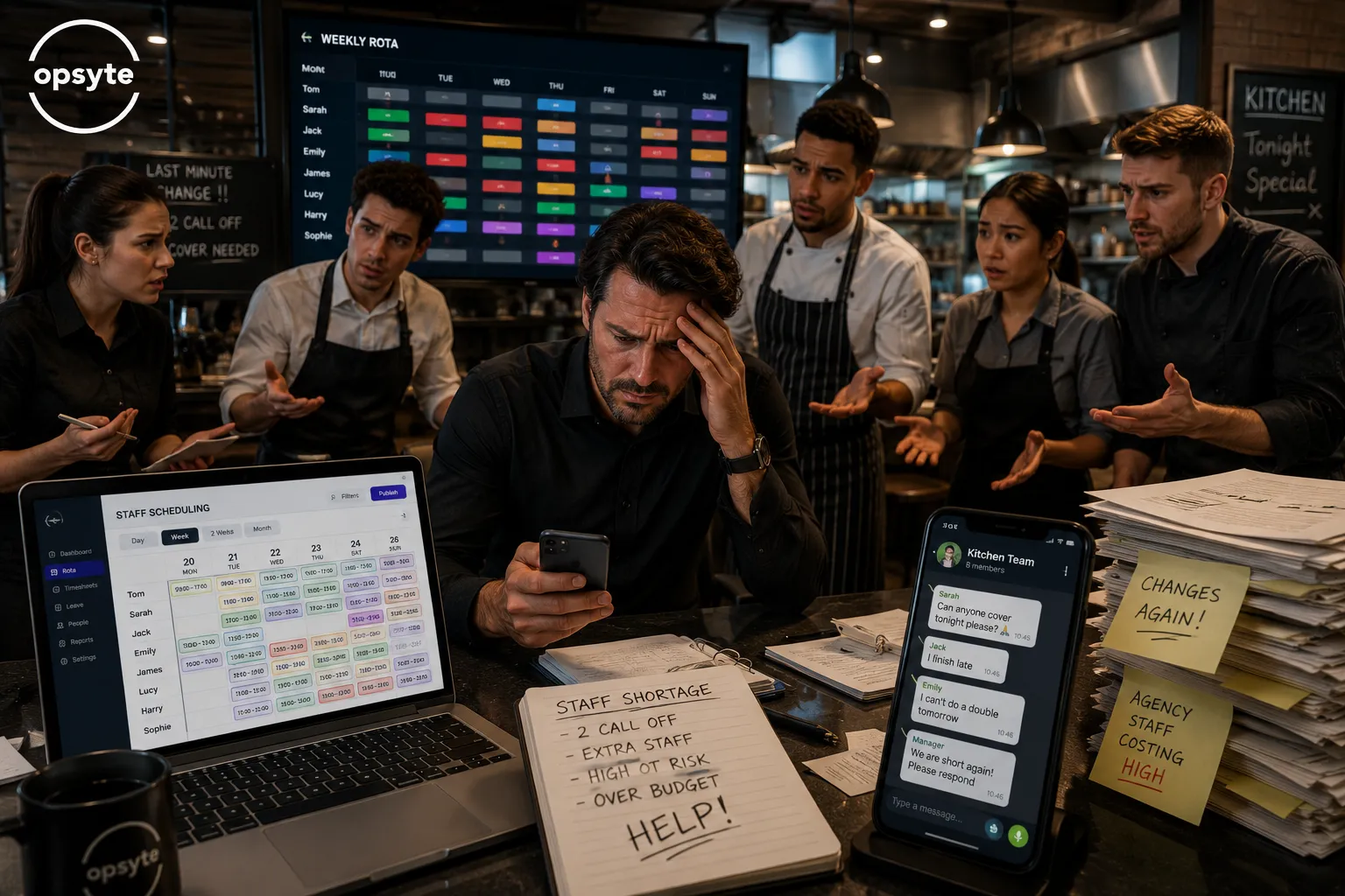 Restaurant manager handling rota chaos and workforce scheduling using hospitality employee management software