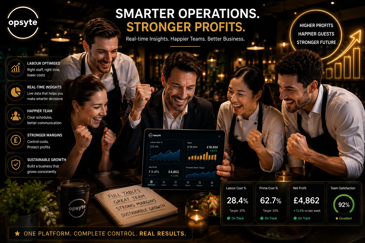 Successful restaurant team using hospitality management software and real-time analytics to improve profits and operations