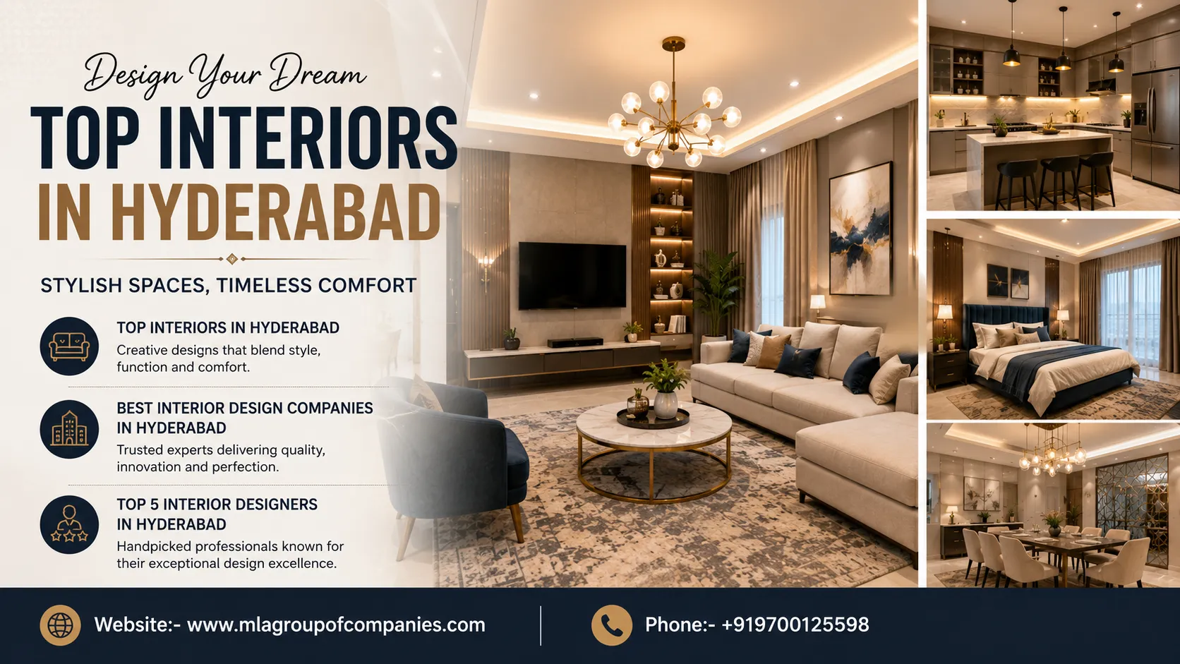 Top interiors in Hyderabad featuring modern living room with luxury furniture and elegant lighting