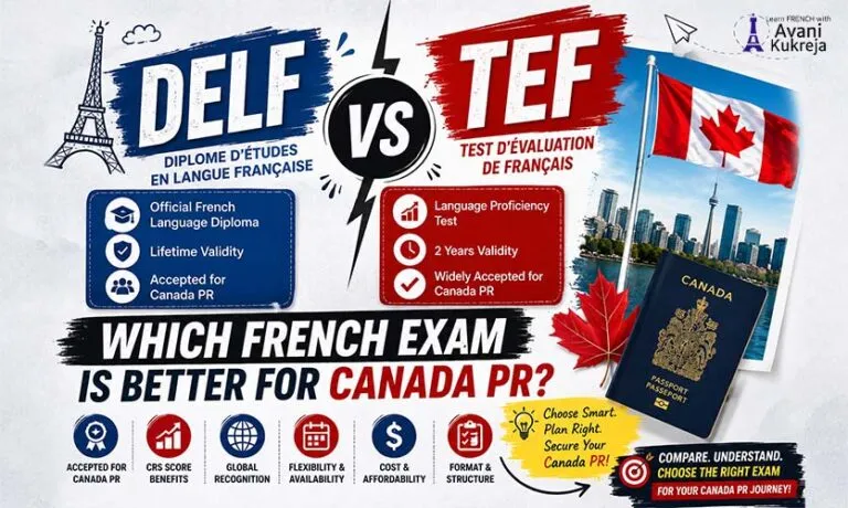 Student preparing for DELF and TCF French proficiency exams with study materials and laptop