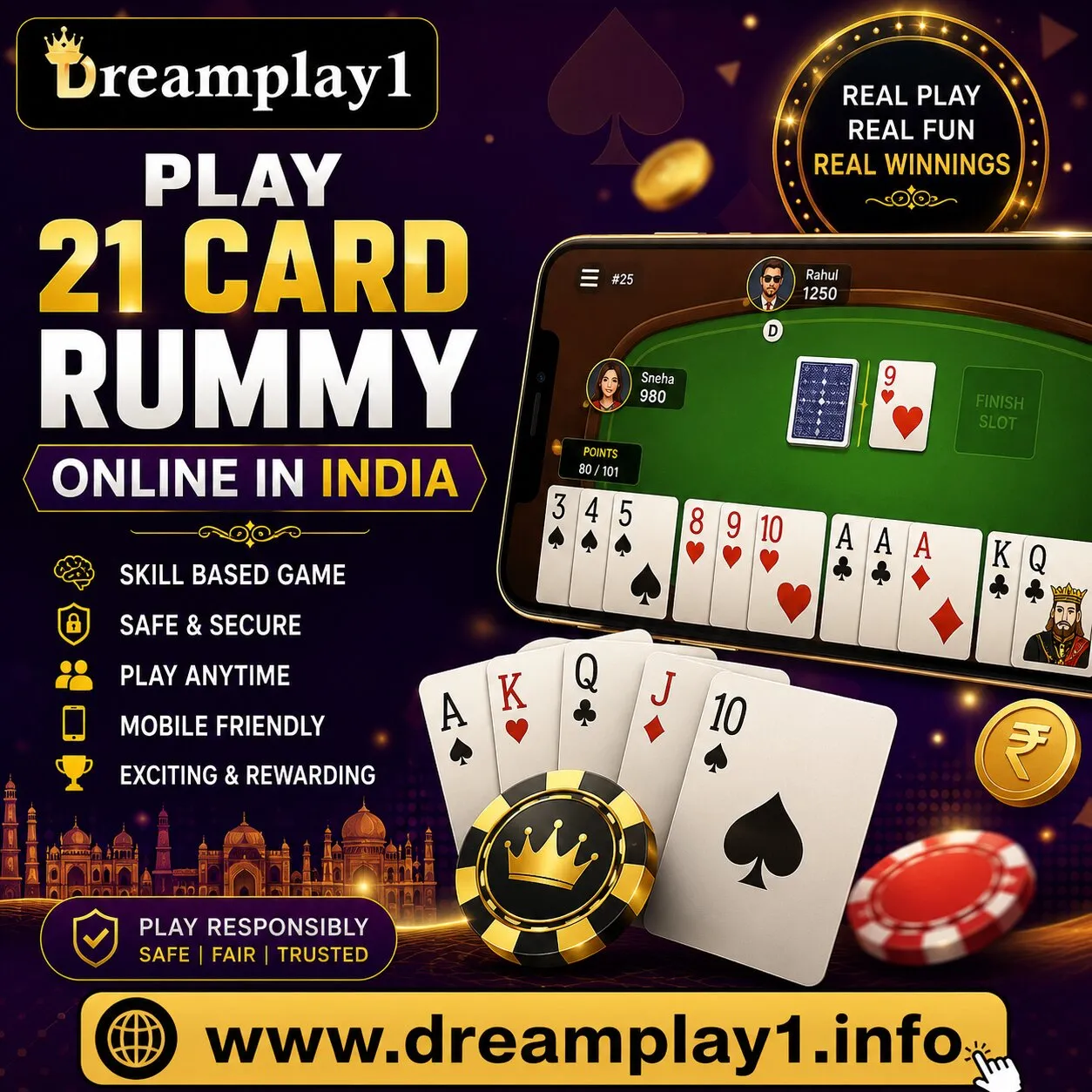 Play 21 Card Rummy Online in India with Dreamplay1 - Join Now!