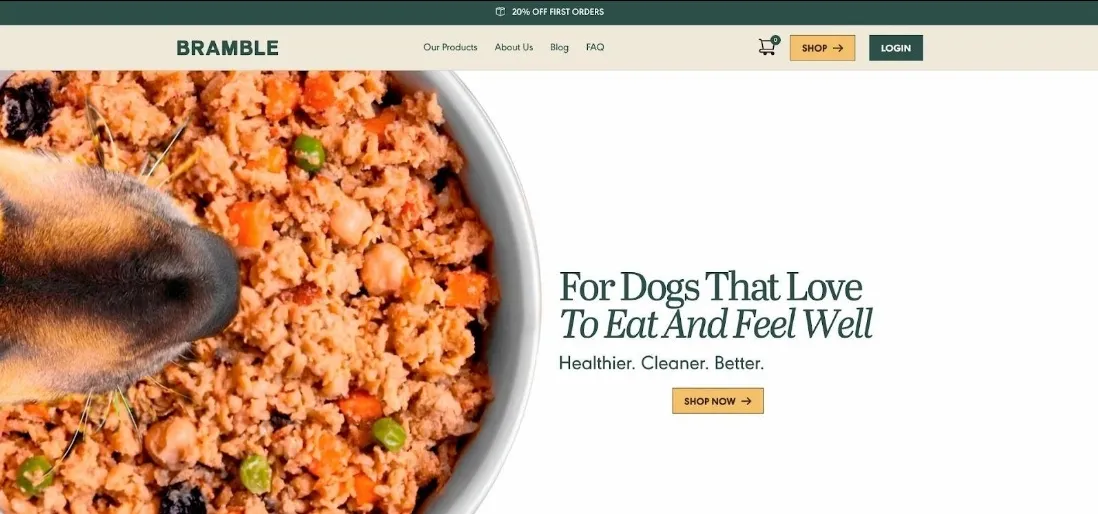 Bramble plant-based fresh dog food website screenshot for allergic puppies