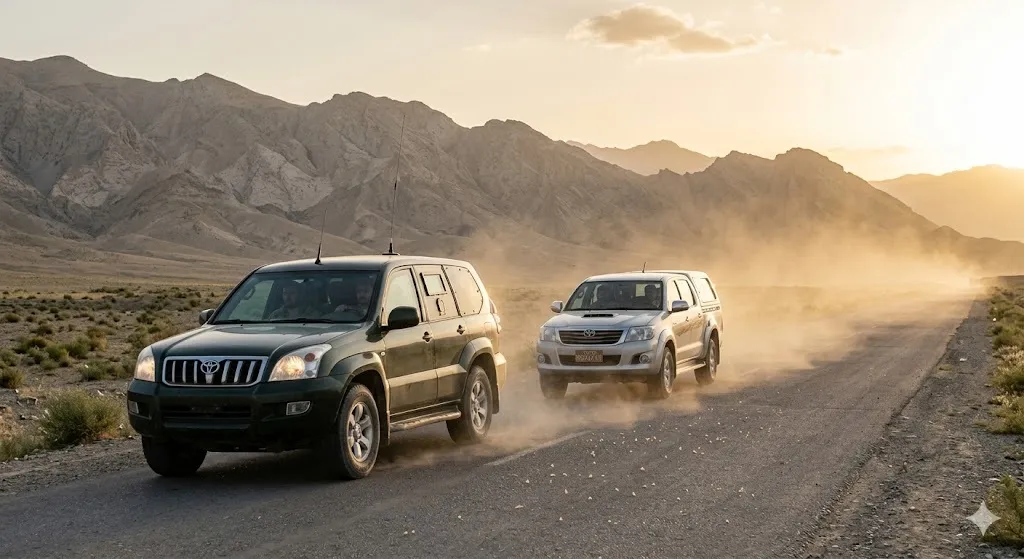 Professionally coordinated travel convoy moving through Bamyan Province.