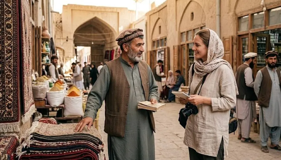 Travelers engaging respectfully with Afghan artisans.
