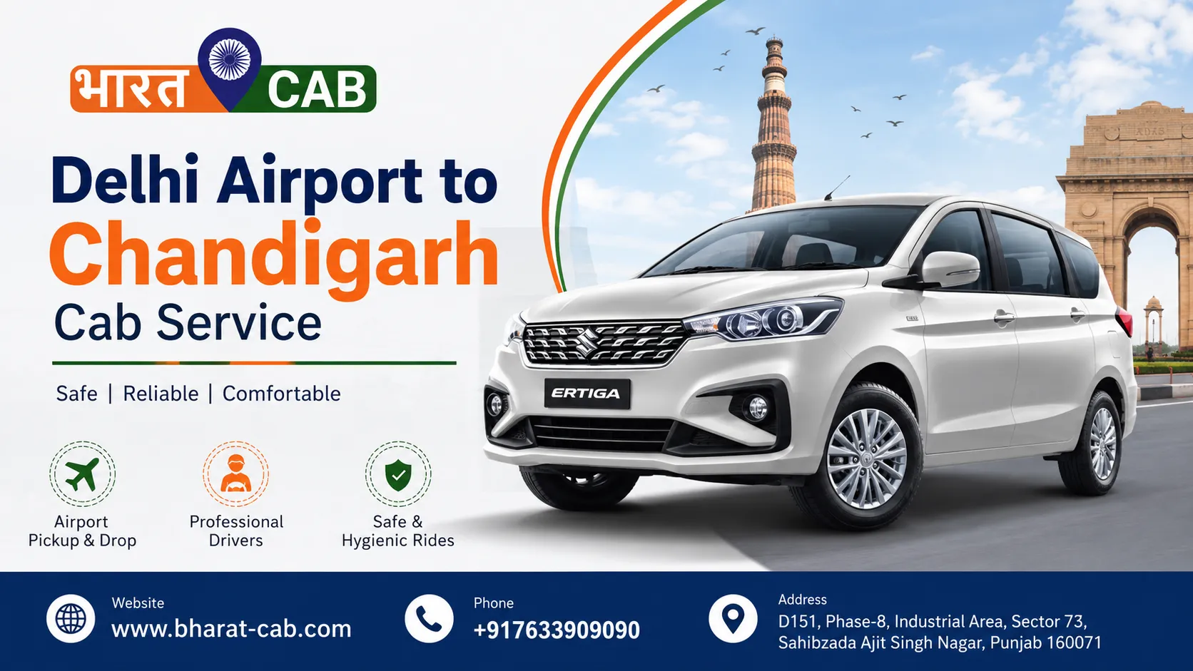 Delhi Airport to Chandigarh Cab Service by Bharat Cab: Your Most Reliable Road Travel Partner