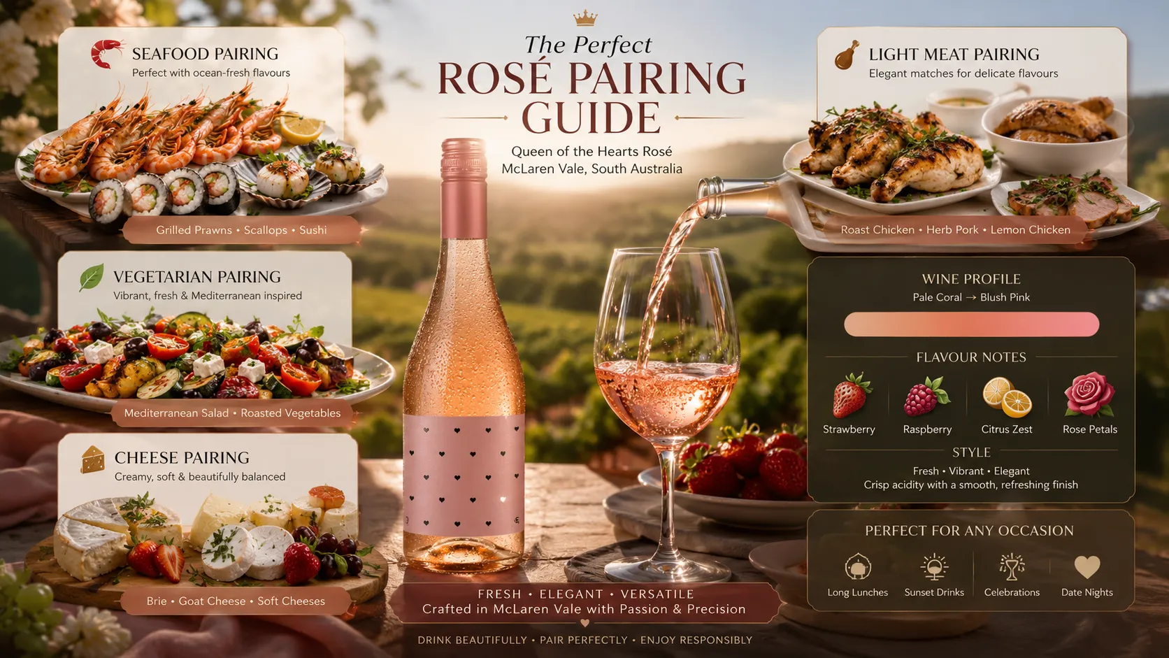 Queen of hearts rosé wine with food pairing guide - Curtis Family Vineyards
