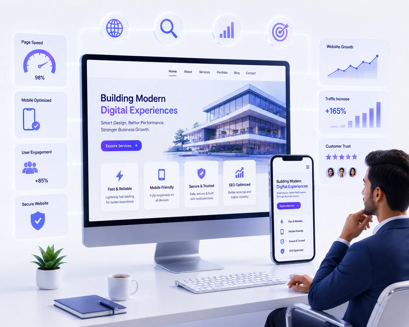Minimal futuristic 3D illustration of a businessman viewing a responsive business website on desktop and smartphone with SEO optimization, page speed, mobile-friendly design, customer trust signals, traffic growth analytics, and secure website features in a clean modern workspace.