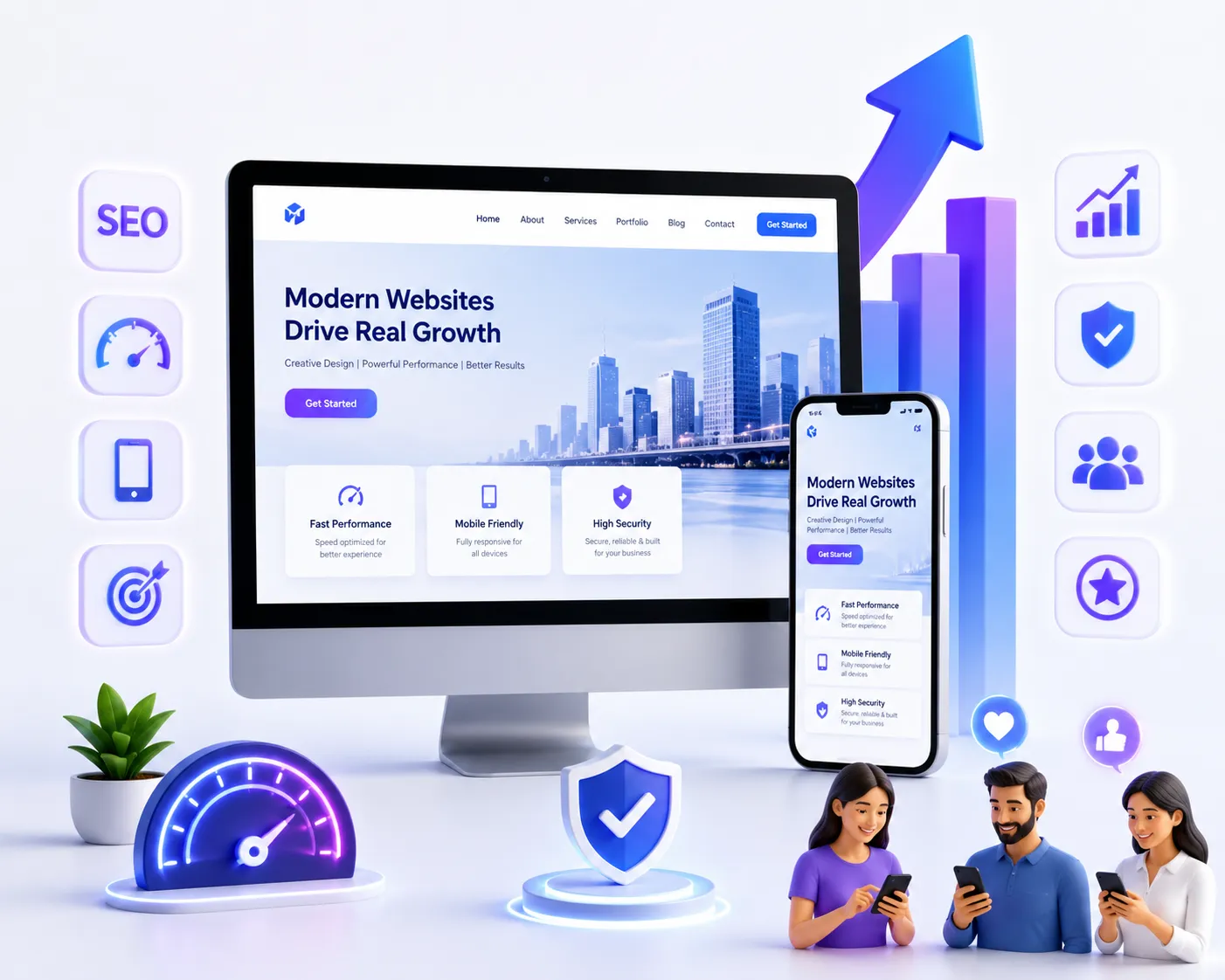 Professional businessman exploring a modern responsive business website on desktop and smartphone with SEO icons, fast-loading features, mobile-friendly design, trust signals, and digital growth analytics in a clean futuristic 3D workspace.