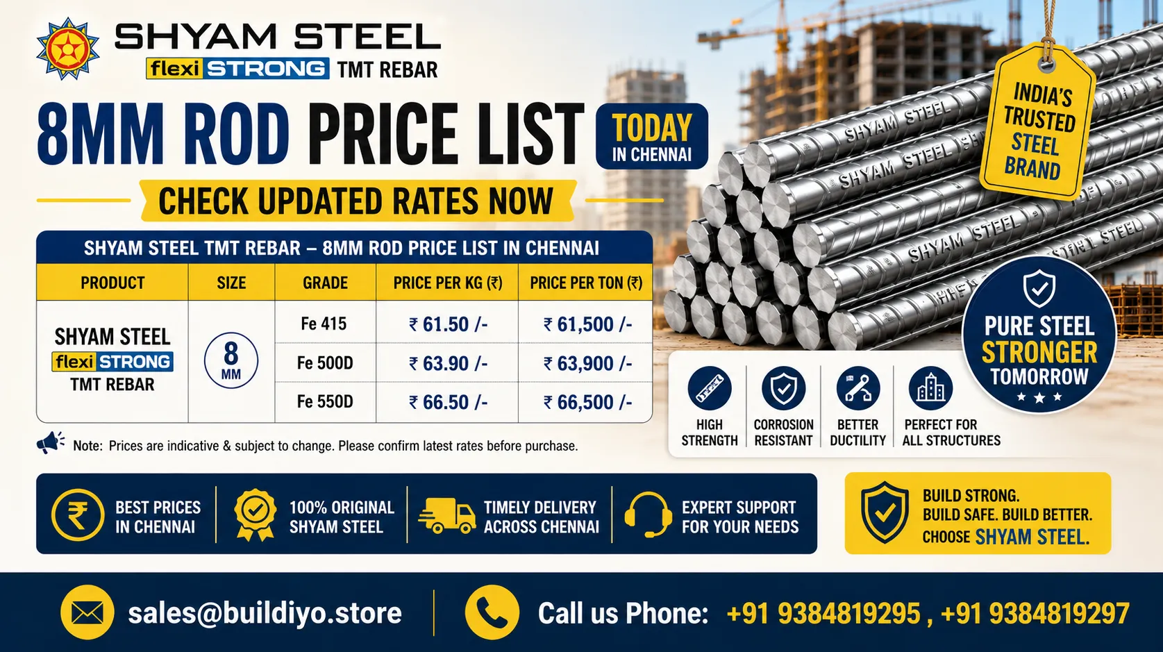 Shyam Steel 8mm Rod Price Today in Chennai — Updated Rate List 2026 | Buildiyo Store