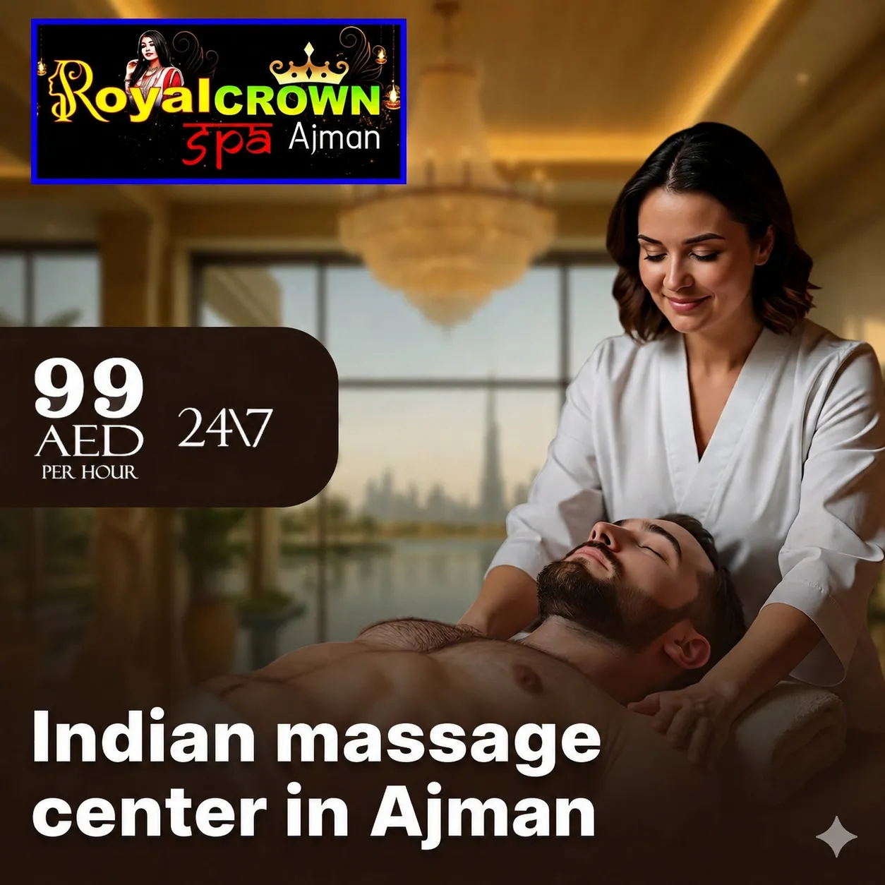 Professional Indian massage therapist providing relaxing spa treatment for a male client at Royal Crown Spa Ajman with 24/7 service starting from 99 AED.
