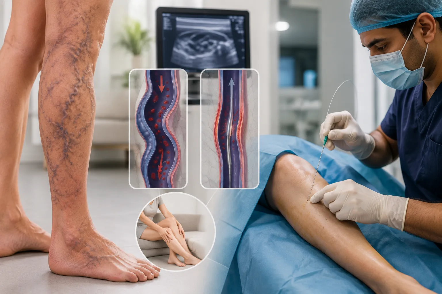 Varicose veins treatment without surgery showing leg vein disease, minimally invasive laser procedure, and improved blood circulation in a clinical setting.