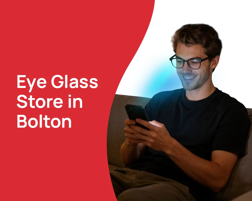 Man using smartphone while wearing glasses from an eye glass store in Bolton
