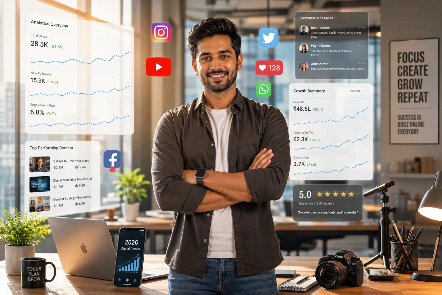 A confident digital marketer standing in a bright modern office with sunlight coming through large windows, surrounded by social media icons, growth analytics, customer messages, laptop, smartphone, and creative tools symbolizing online business success and long-term digital growth.
