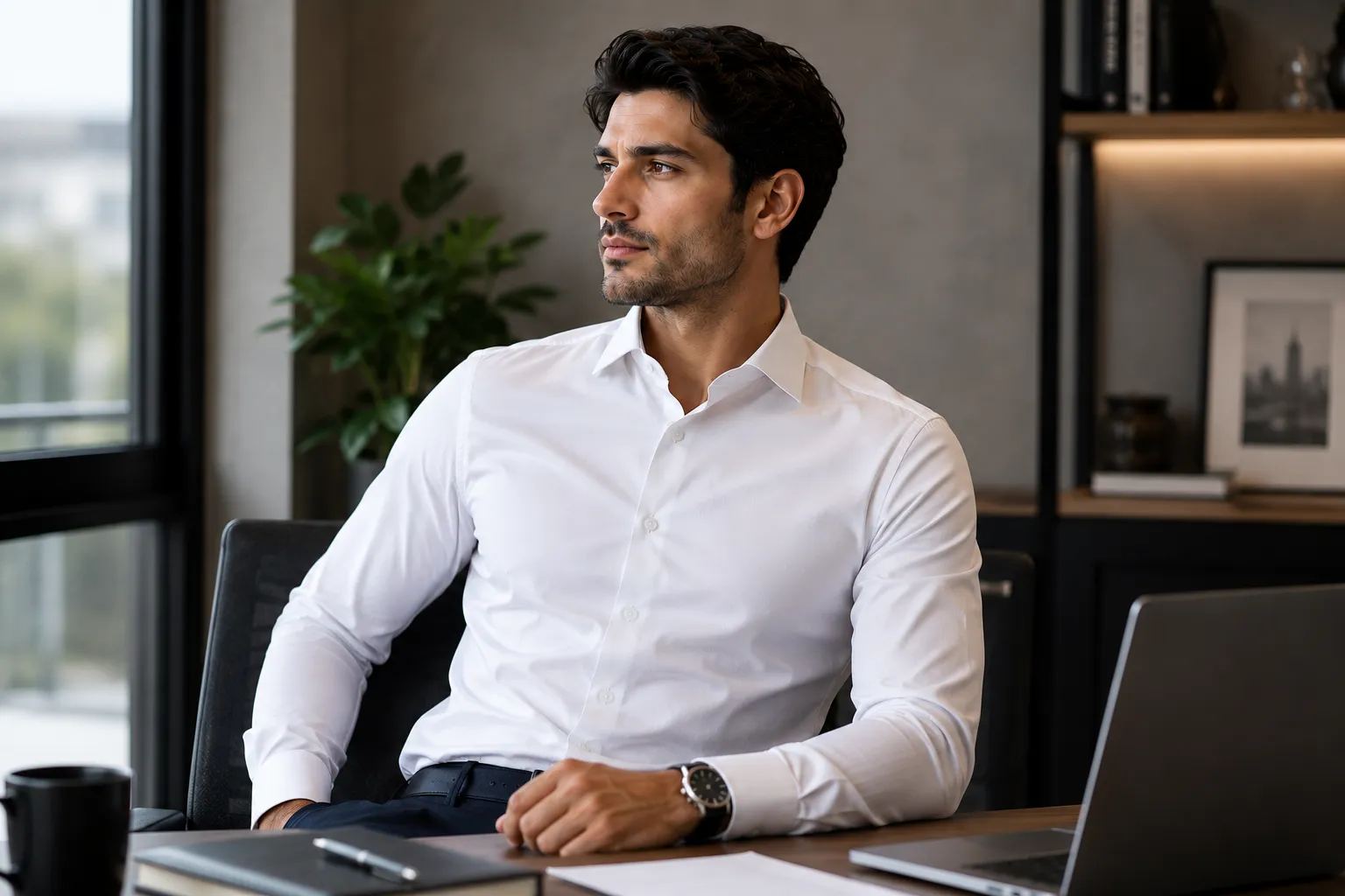 Confident businessman in a crisp white formal shirt with a sharp collar sitting in a modern office workspace.