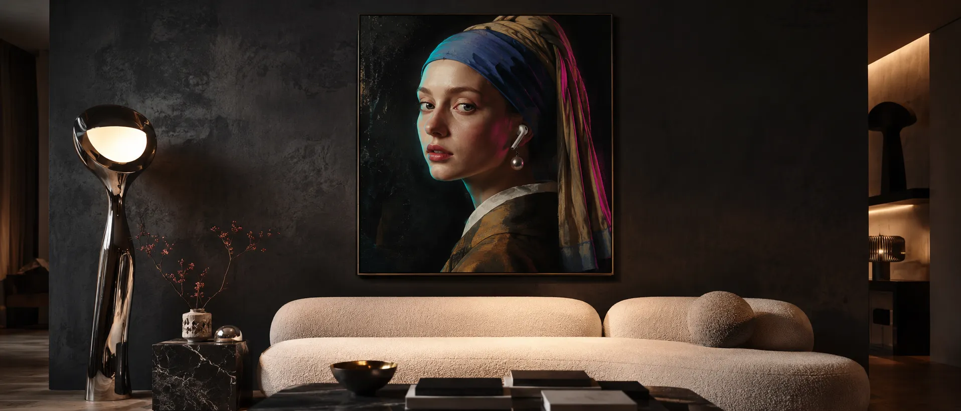 Modern interior featuring a reimagined classic portrait wall art print with contemporary pop culture details.