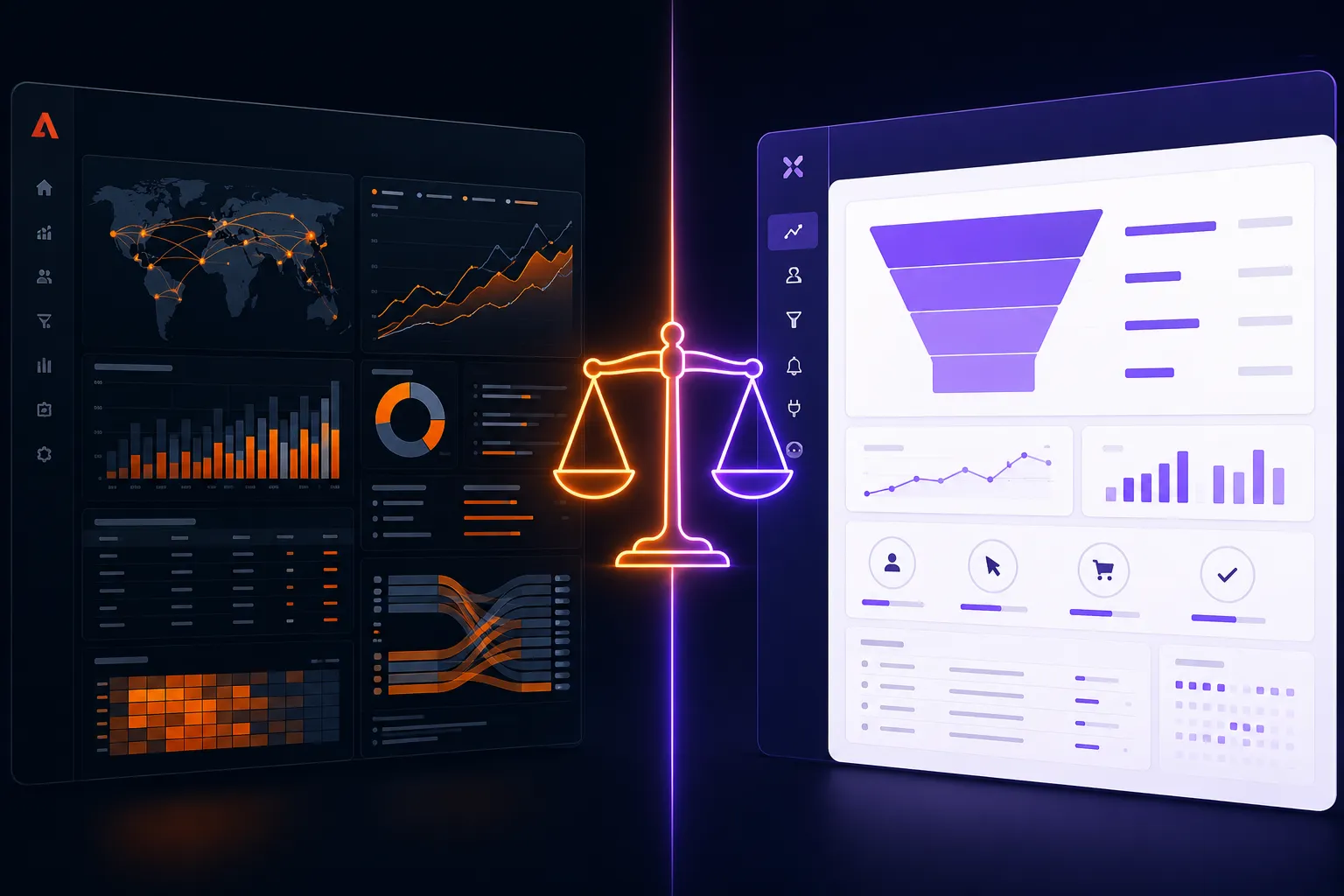 Enterprise analytics dashboard and product analytics funnel displayed side by side with a glowing balance scale icon representing the comparison between different analytics platforms for business decision-making.