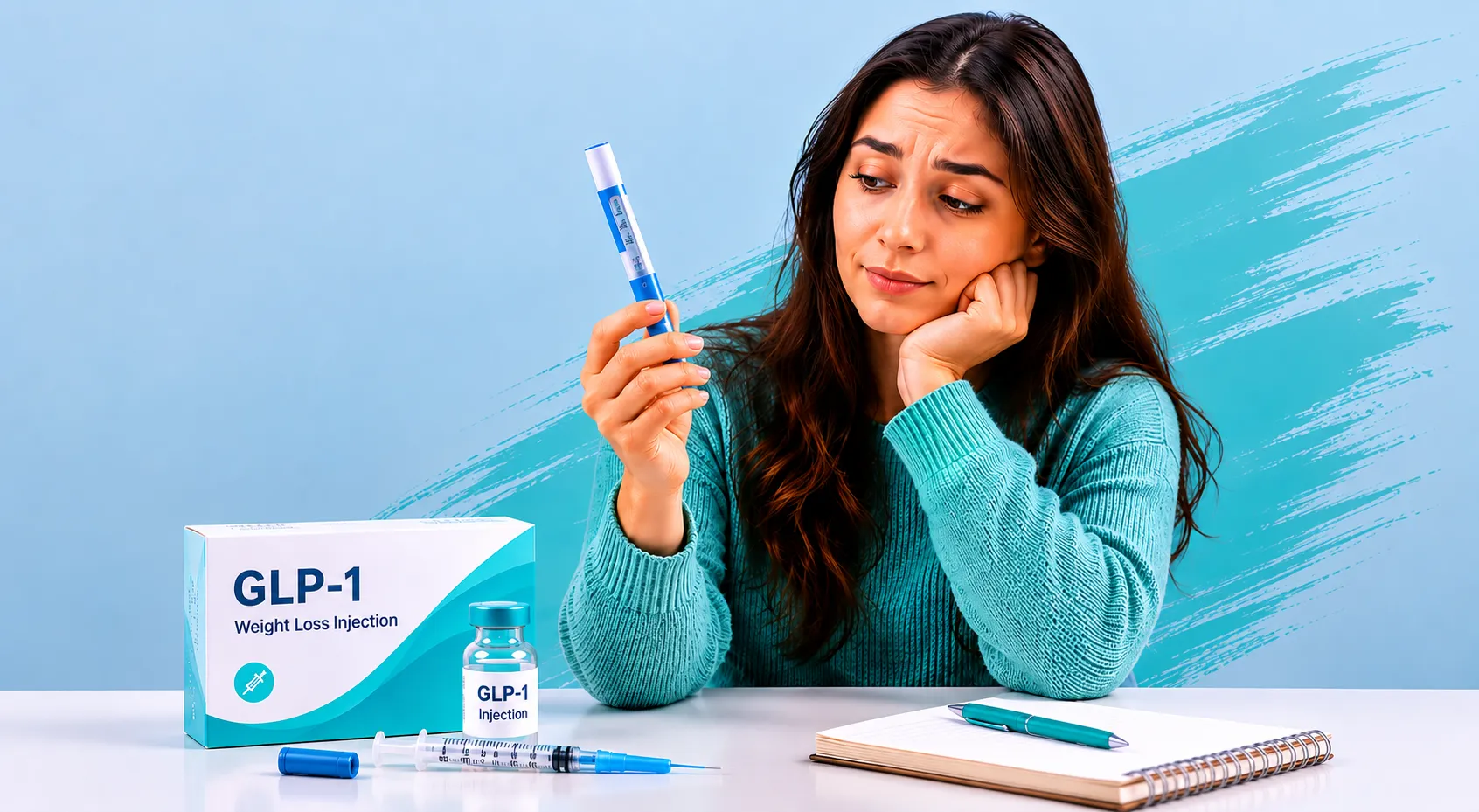 Woman reviewing a GLP-1 weight loss injection pen beside medication supplies, representing Mounjaro, Wegovy, GLP-1 side effects, and weight loss injection treatment in the UK.