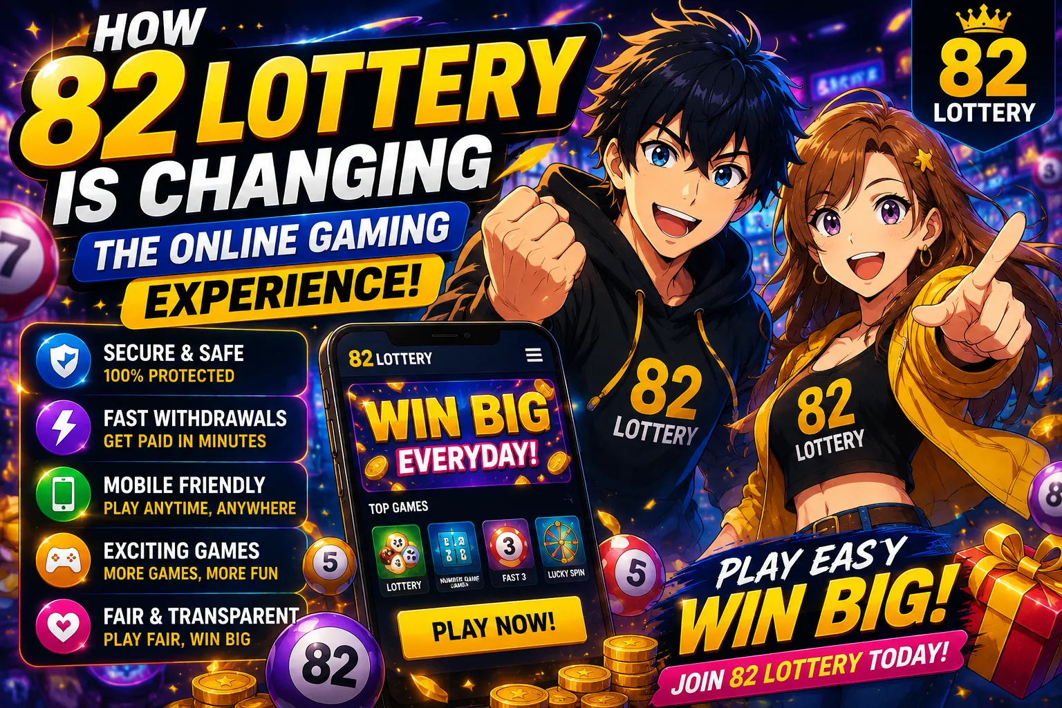 82 Lottery online gaming platform anime banner showing male and female gamers, fast withdrawals, secure gaming, mobile-friendly design, and exciting online lottery games.