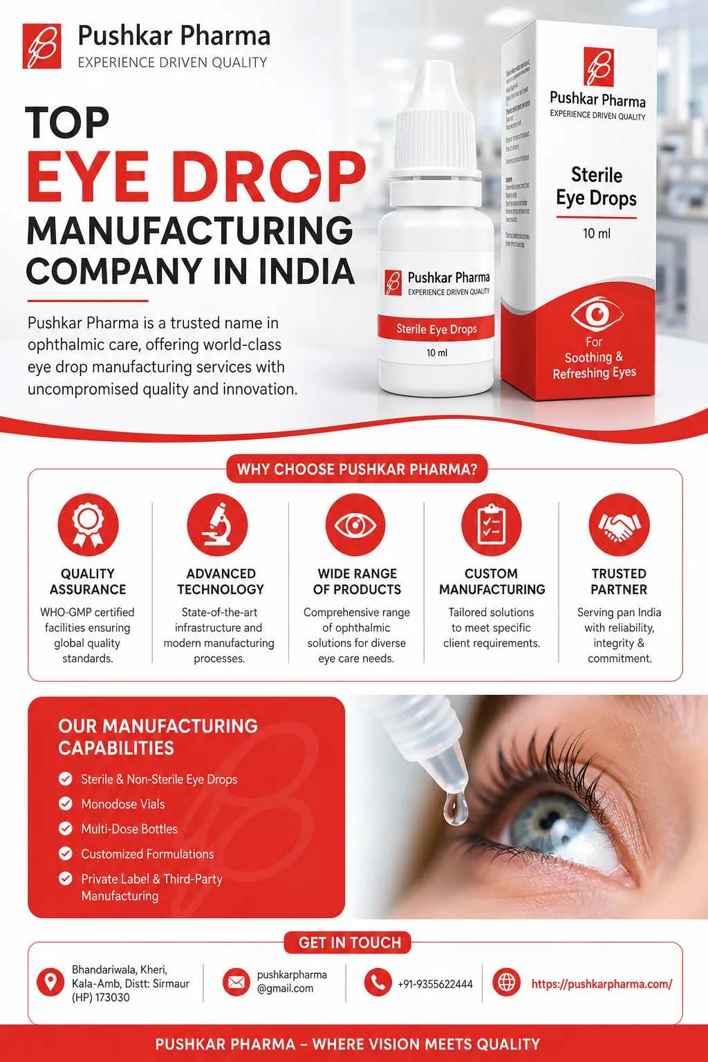 Pushkar Pharma - Top Eye Drop Manufacturing Company in India offering sterile ophthalmic manufacturing, private label eye drops, third-party manufacturing, and WHO-GMP certified production.