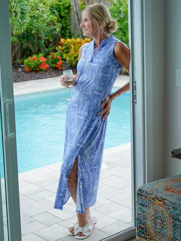 How to Style a Pink Ruffle Tank Top with a Periwinkle Color Shirt for a Fresh Resort Look