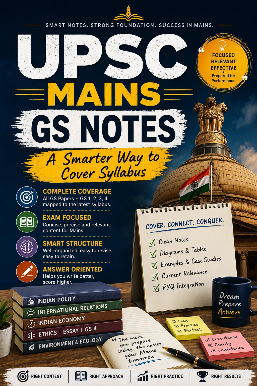 UPSC Mains GS Notes cover image featuring the title “UPSC Mains GS Notes: A Smarter Way to Cover Syllabus” in bold typography. The educational poster highlights comprehensive UPSC Civil Services Examination preparation with exam-focused General Studies (GS 1, GS 2, GS 3, and GS 4) notes. Visual elements include the Ashoka Pillar national emblem, Indian Parliament-style government building, Indian flag, subject-wise UPSC books covering Indian Polity, International Relations, Indian Economy, Ethics, Essay, and Environment & Ecology, along with a study planner notebook listing clean notes, diagrams, case studies, current affairs relevance, and PYQ integration. The design emphasizes structured UPSC Mains preparation, answer writing improvement, syllabus coverage, revision-friendly notes, and effective GS study material for IAS aspirants preparing for UPSC CSE Mains examination.