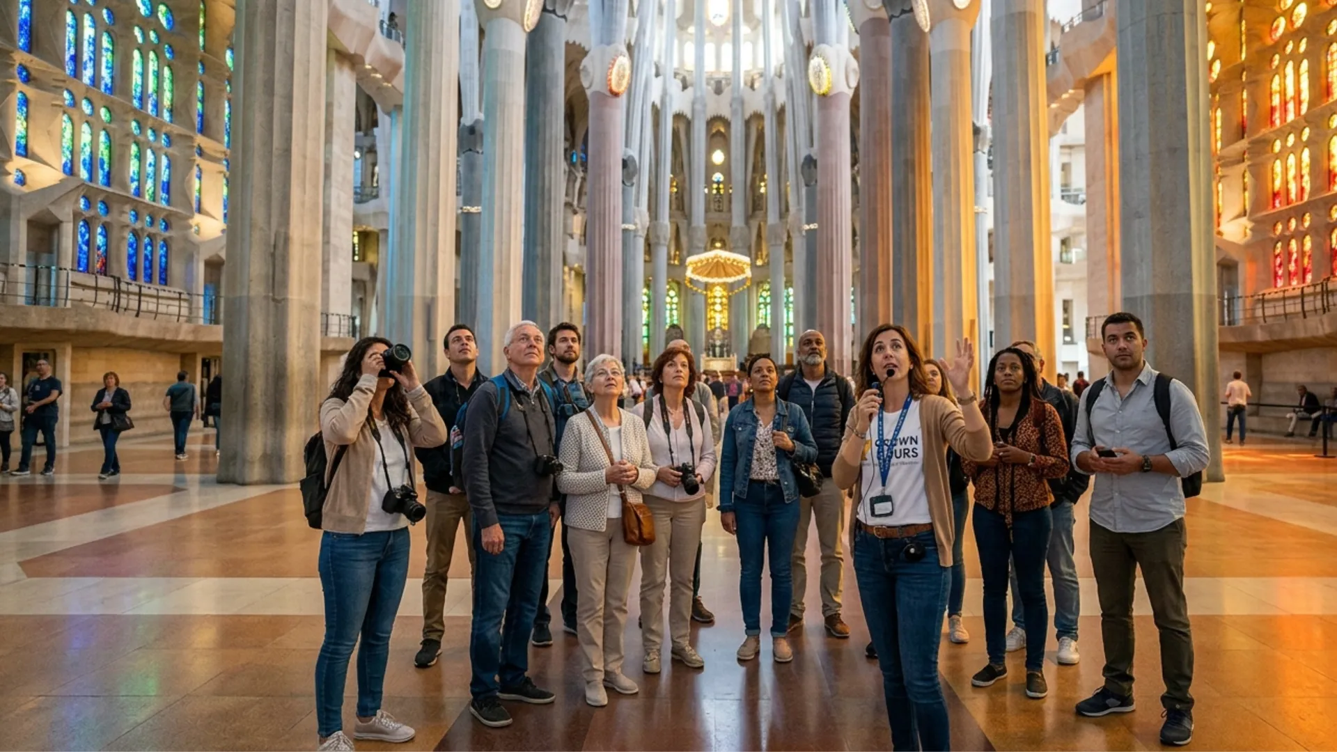 Tourists on a guided tour inside Sagrada Familia Barcelona