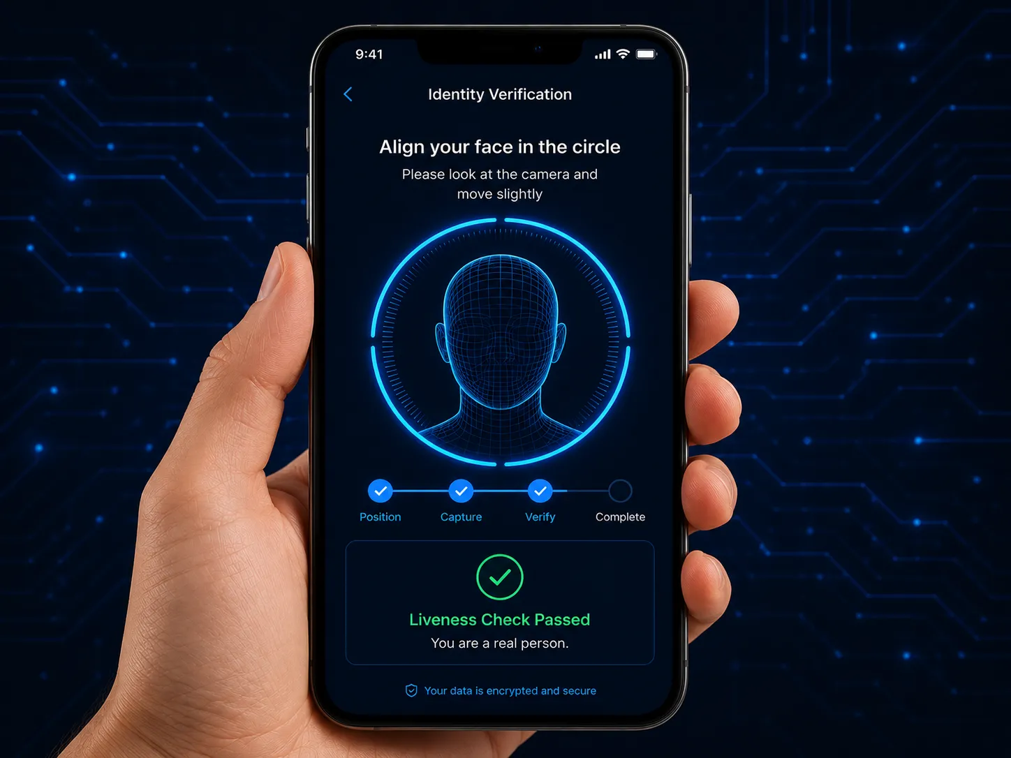Mobile verification app running facial recognition identity verification technology for employee background check